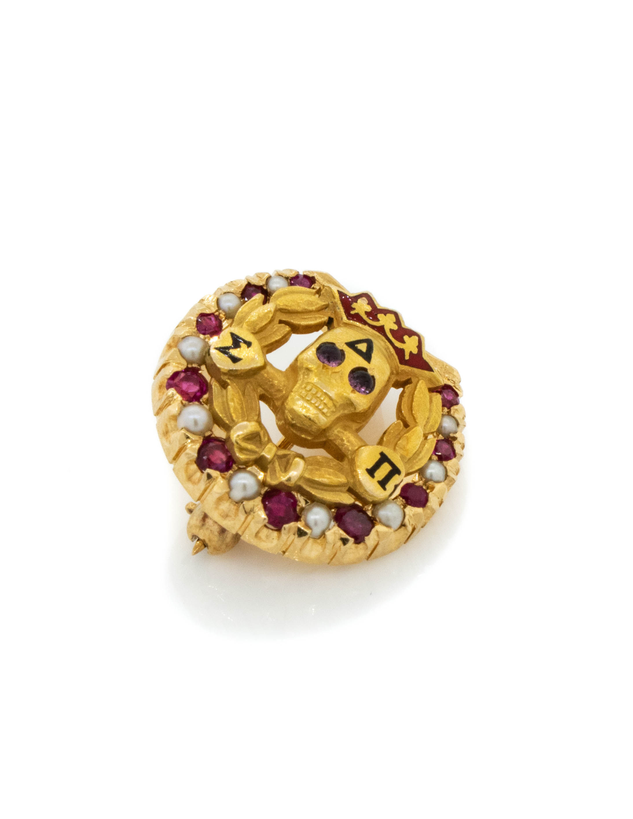 14K Yellow Gold Pearl and Ruby Sigma Delti Pi Brooch