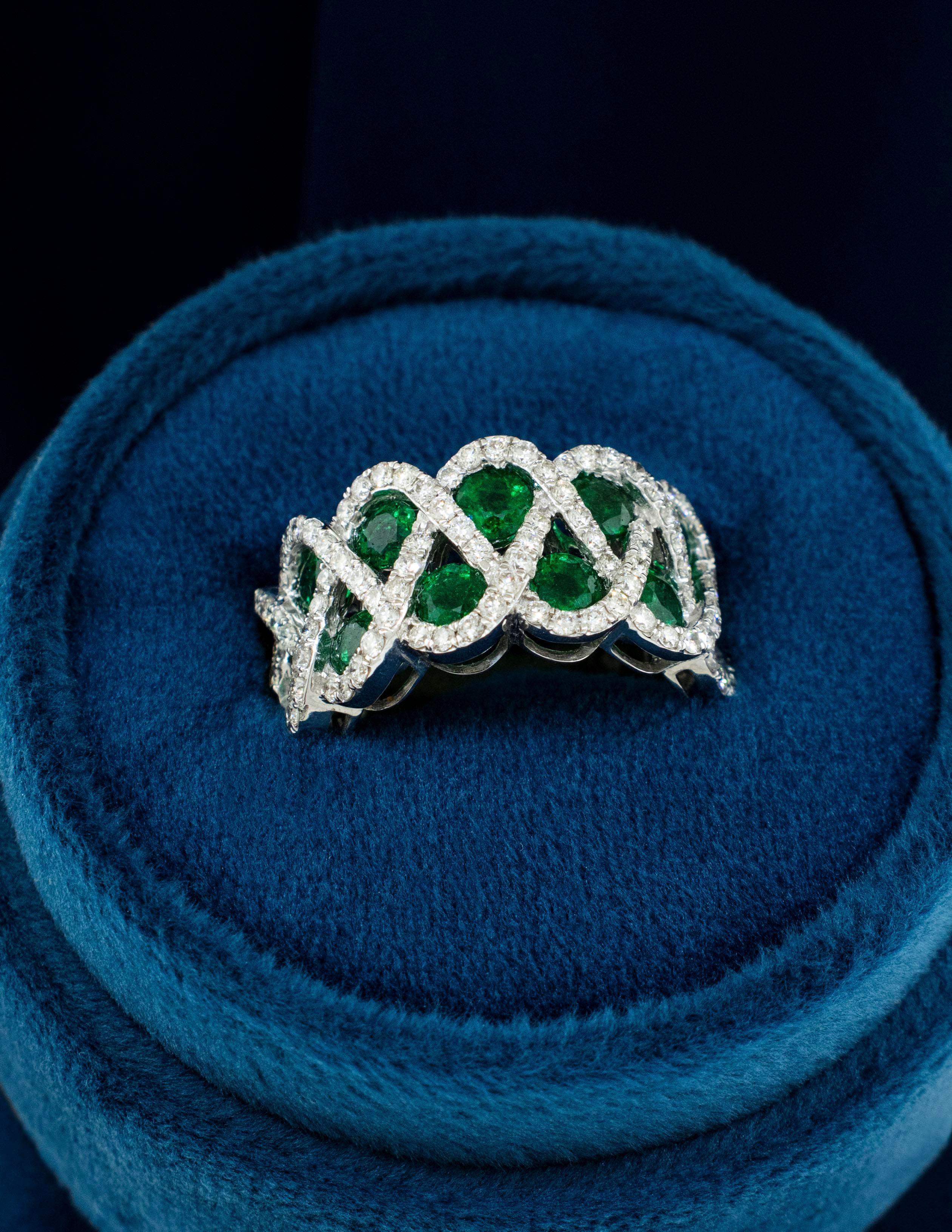 14K White Gold Emerald and Diamond Band