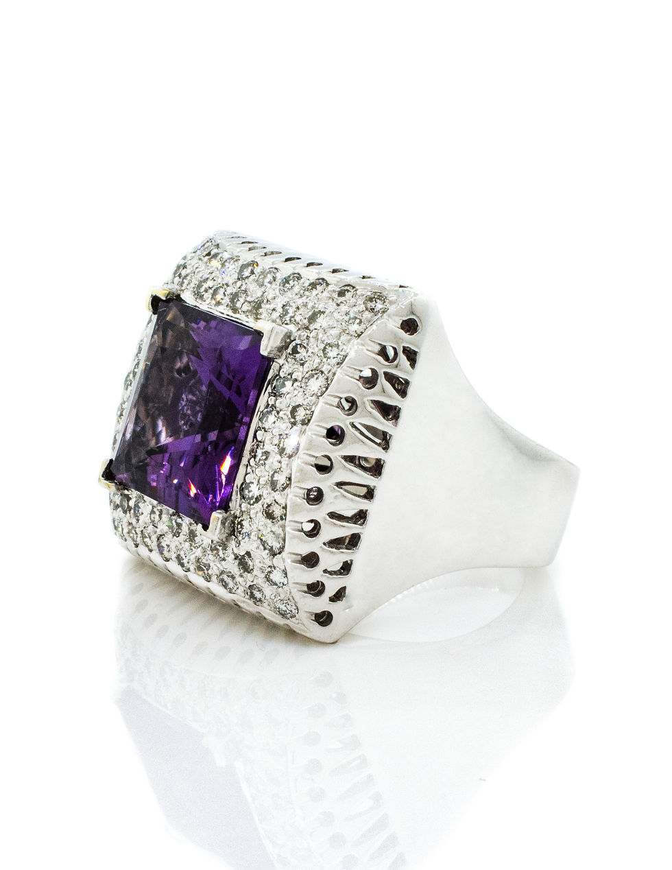 White Gold Amethyst and Diamond Halo Ring side view