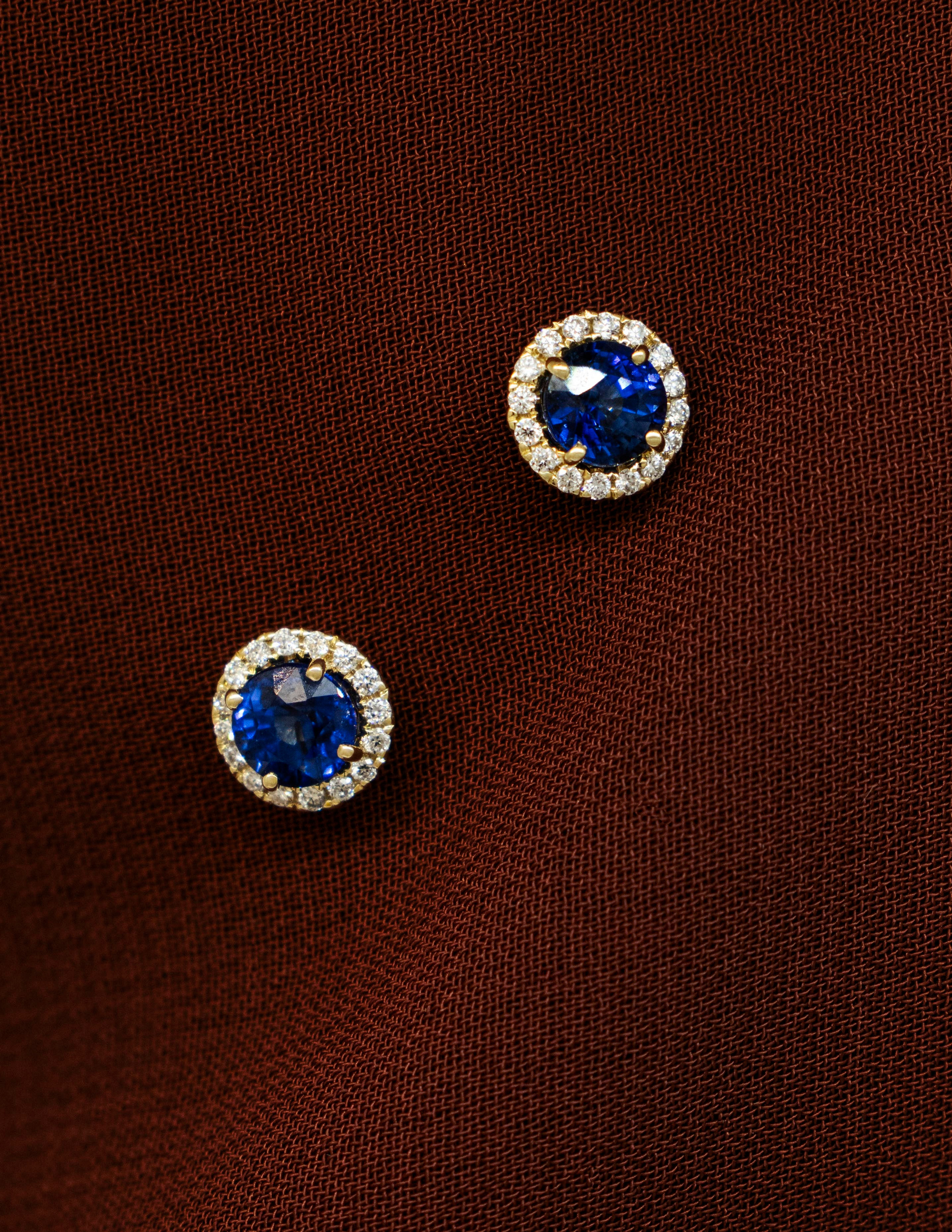 14K Yellow Gold Sapphire and Diamond Halo Earrings