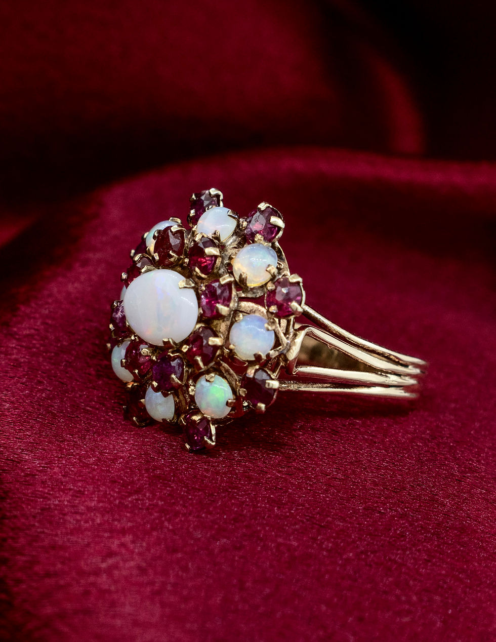 Thumbnail: 14K Yellow Gold Opal and Ruby Cluster Ring