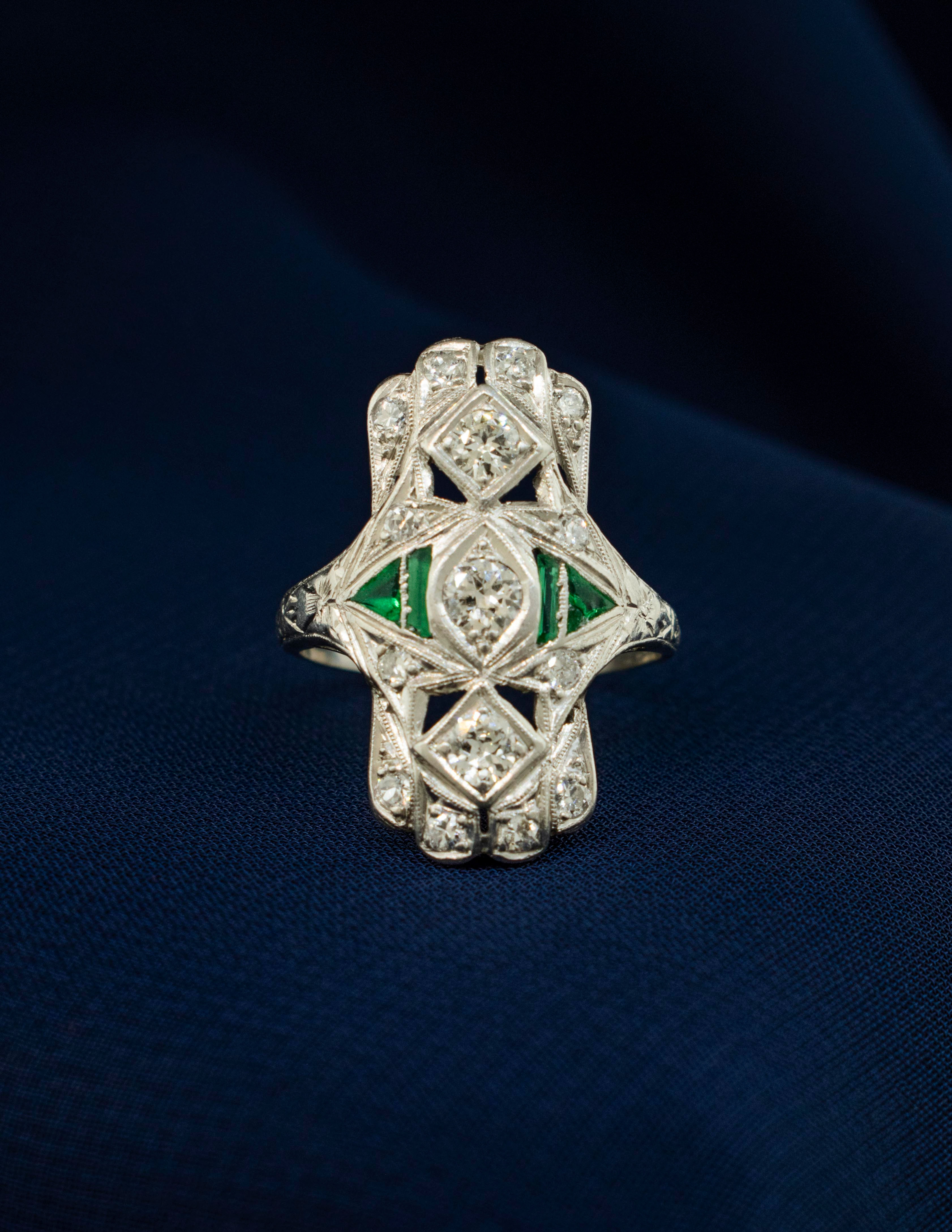 Platinum Emerald and Diamond Dinner Ring