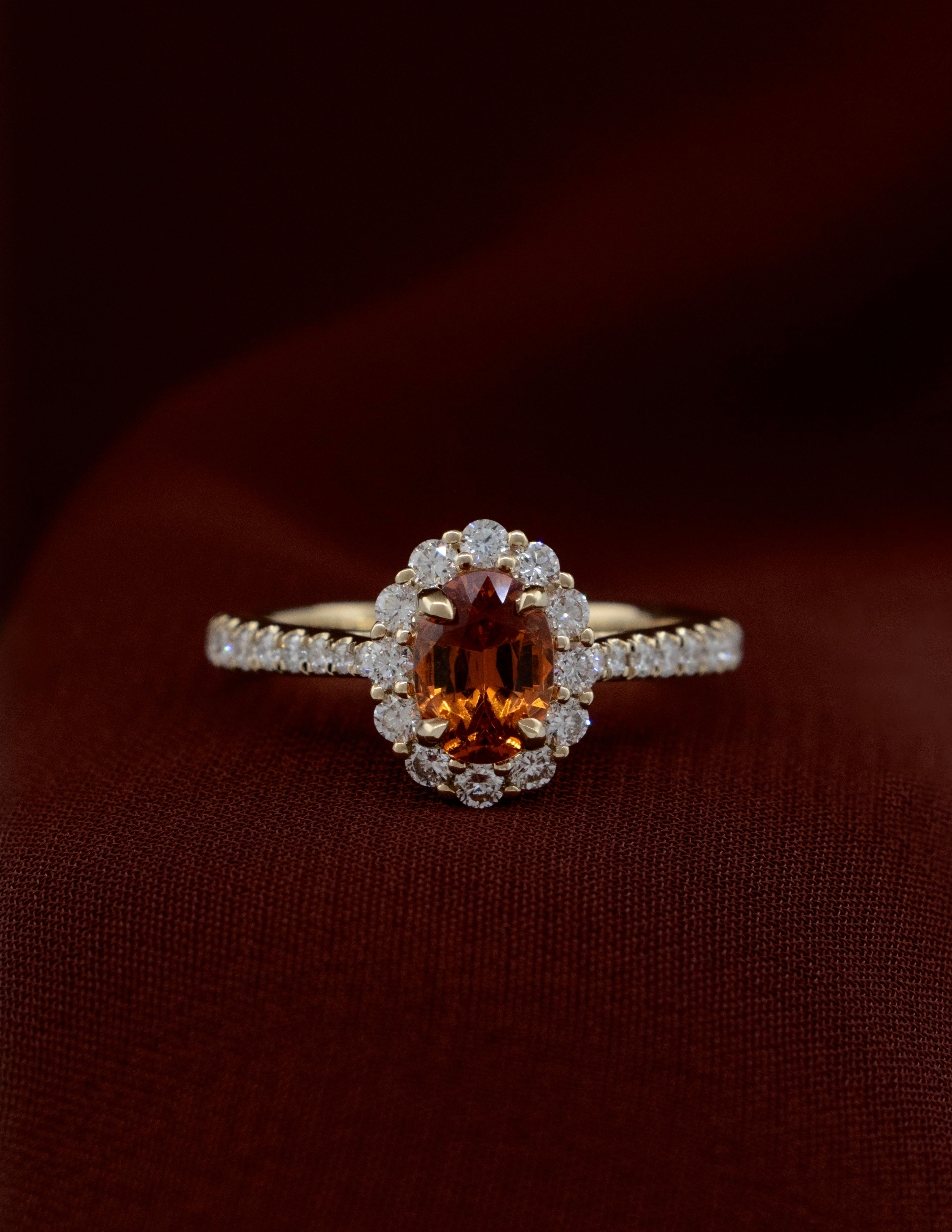 14k Yellow Gold Spessartite Garnet and Diamond Halo Ring