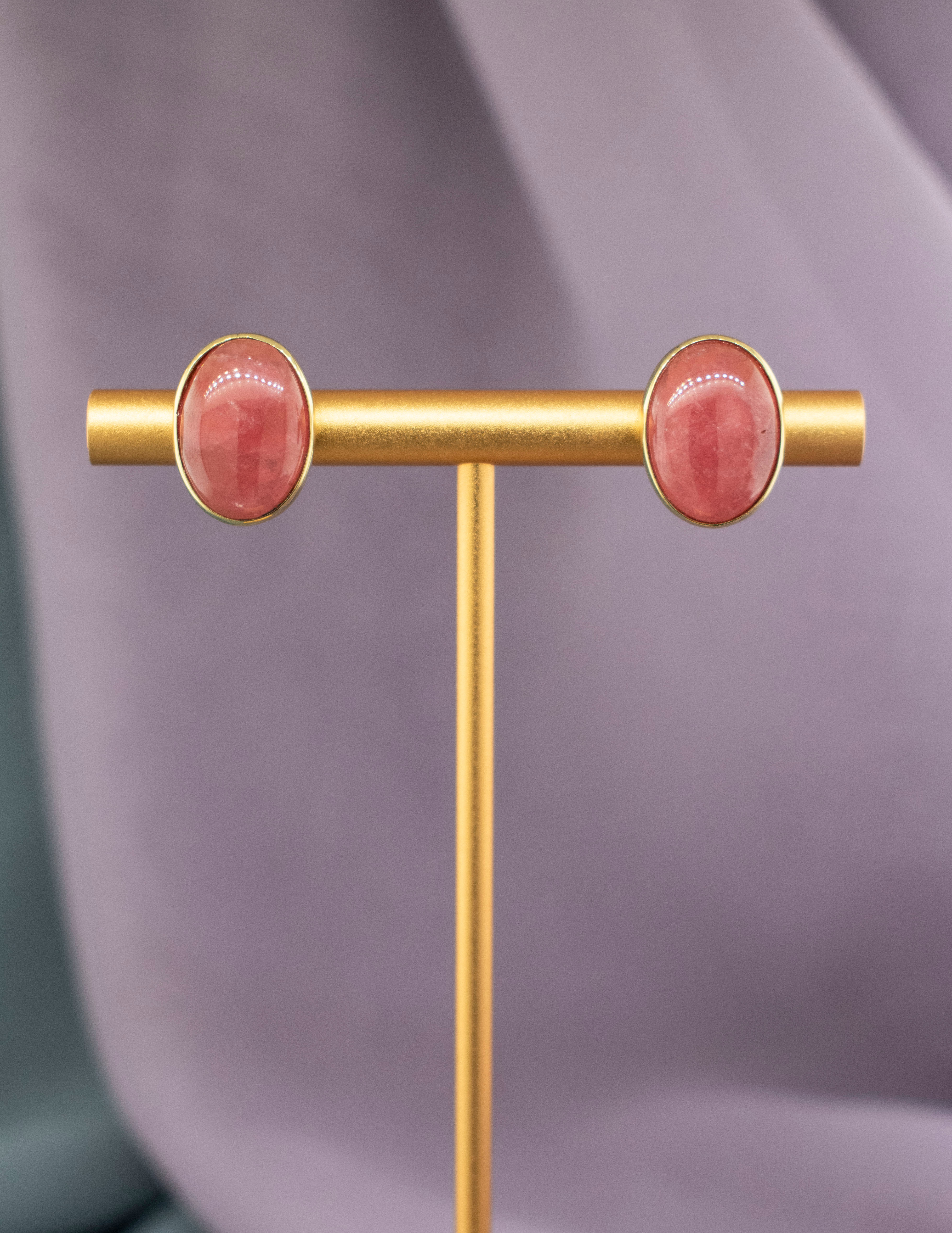 18K Yellow Gold Rhodochrosite Cabochon Earrings