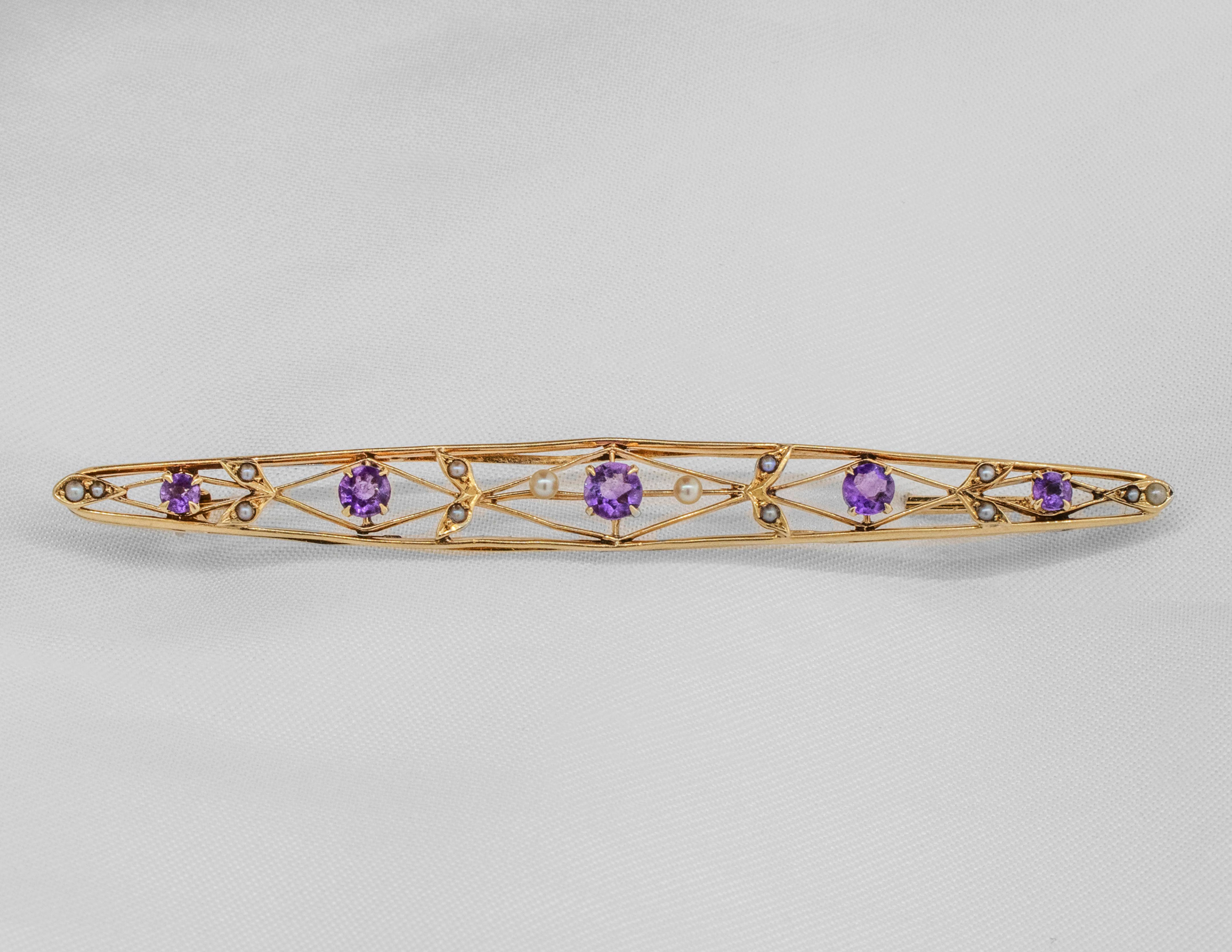 14k Yellow Gold Amethyst and Seed Pearl Brooch