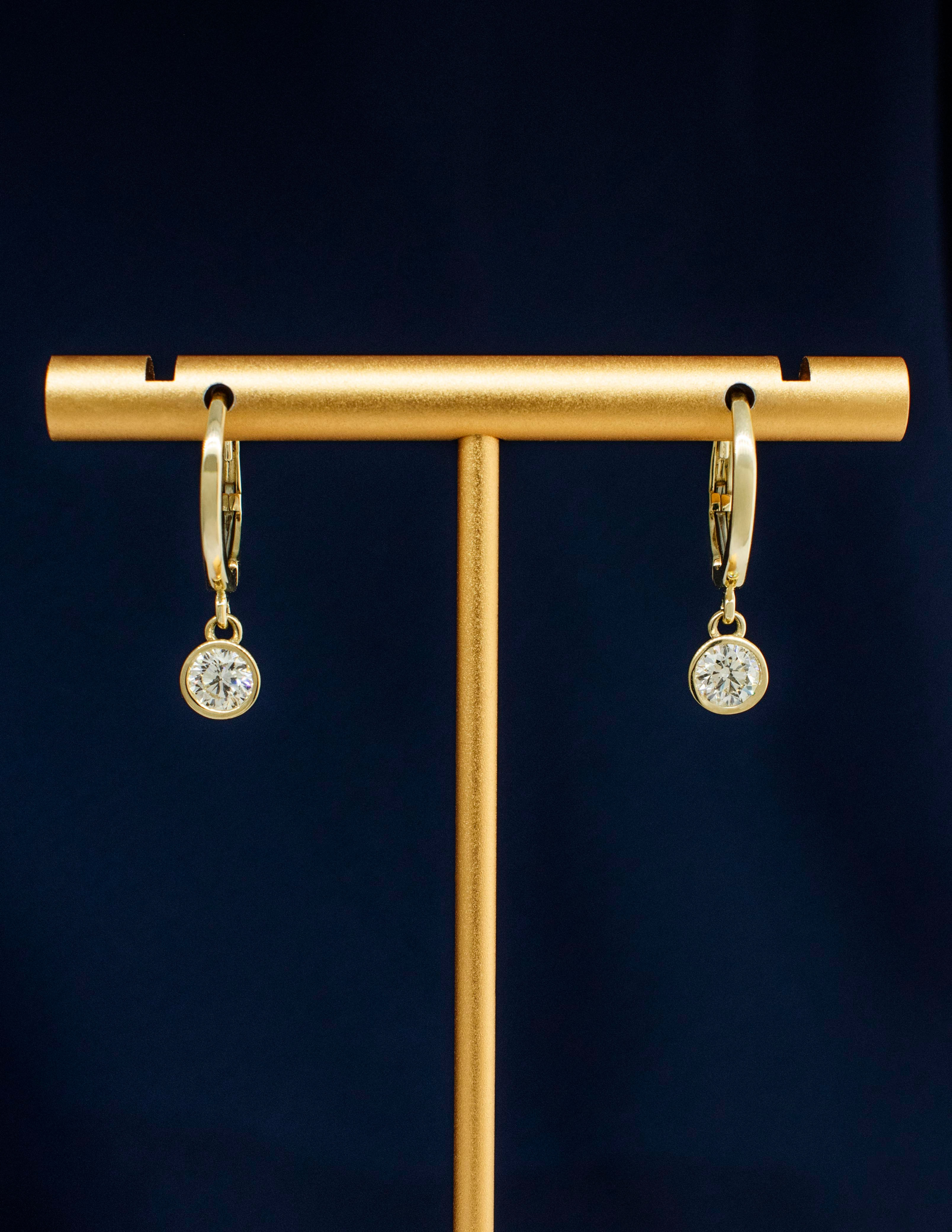 14K Yellow Gold Bezel Set Diamond Dangle Hoops