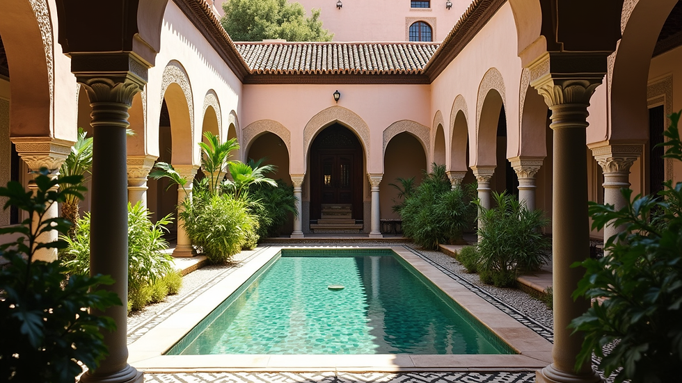 Eye-level view of a luxurious Moroccan riad courtyard with intricate tile work and lush greenery