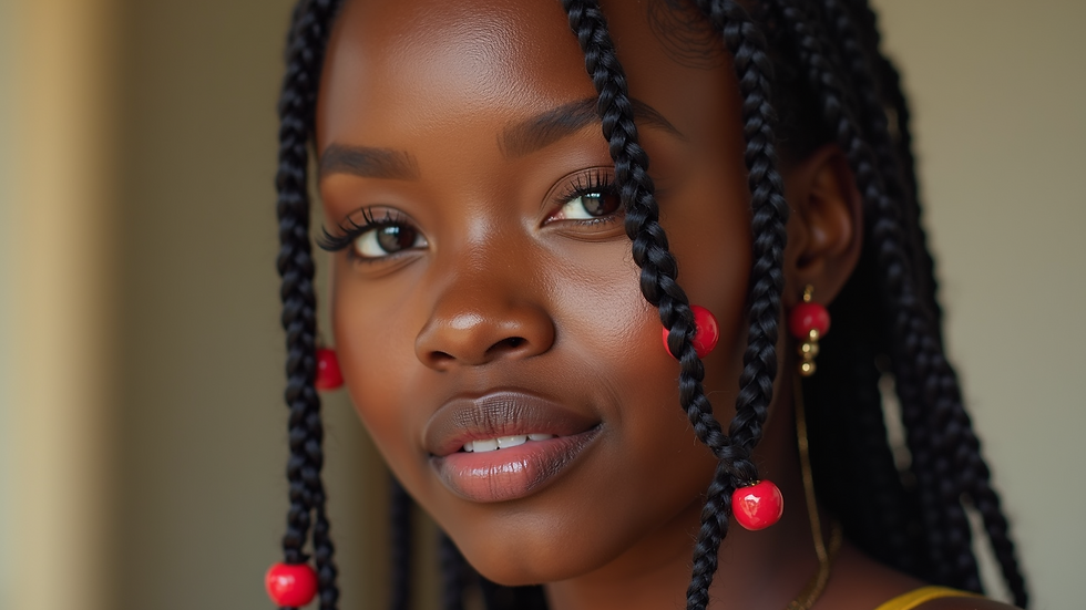 Close-up view of freshly done box braids with colorful beads