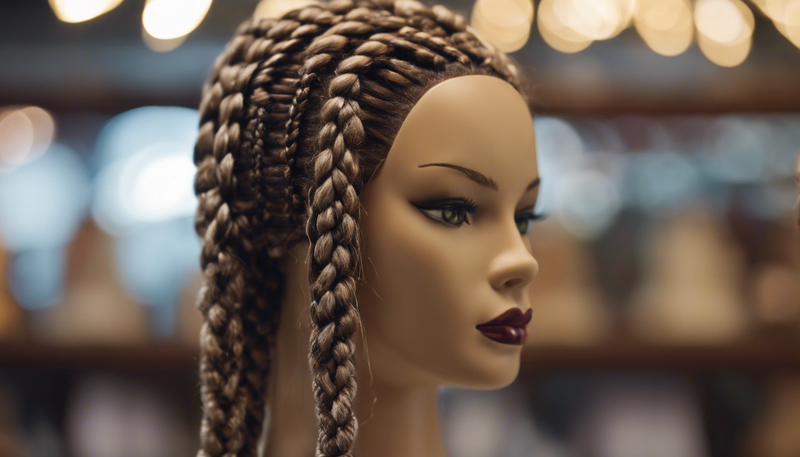 brown mannequin head with red lips and braids and unfocused background