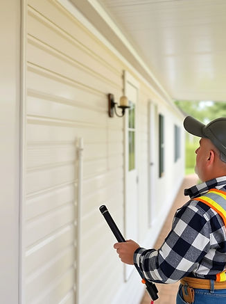 Create an image of a home inspector inspecting a mobile home.jpg