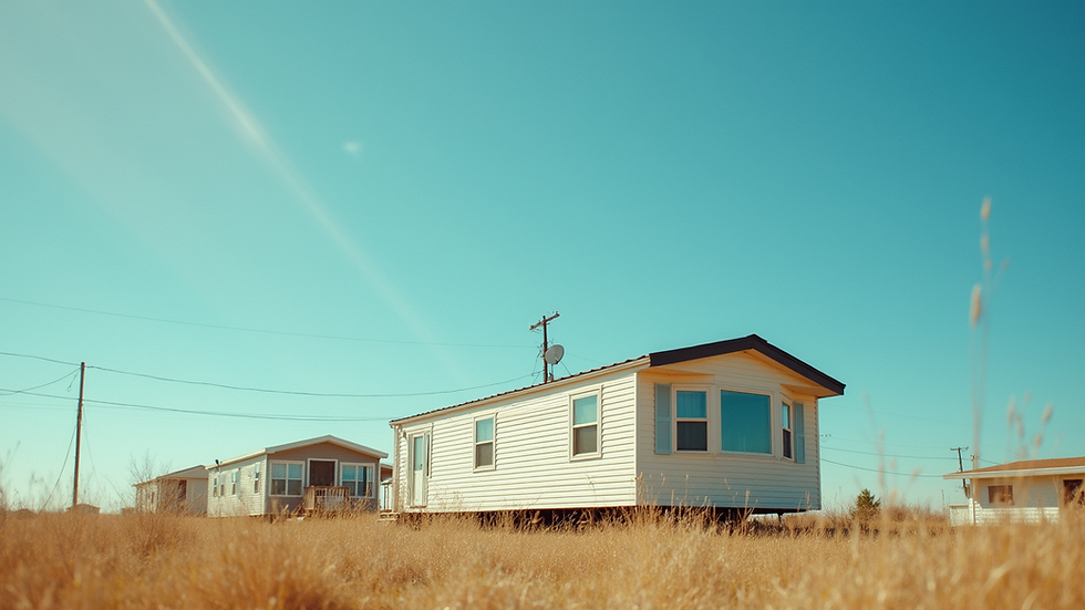 Eye-level view of a mobile home with a clear blue sky