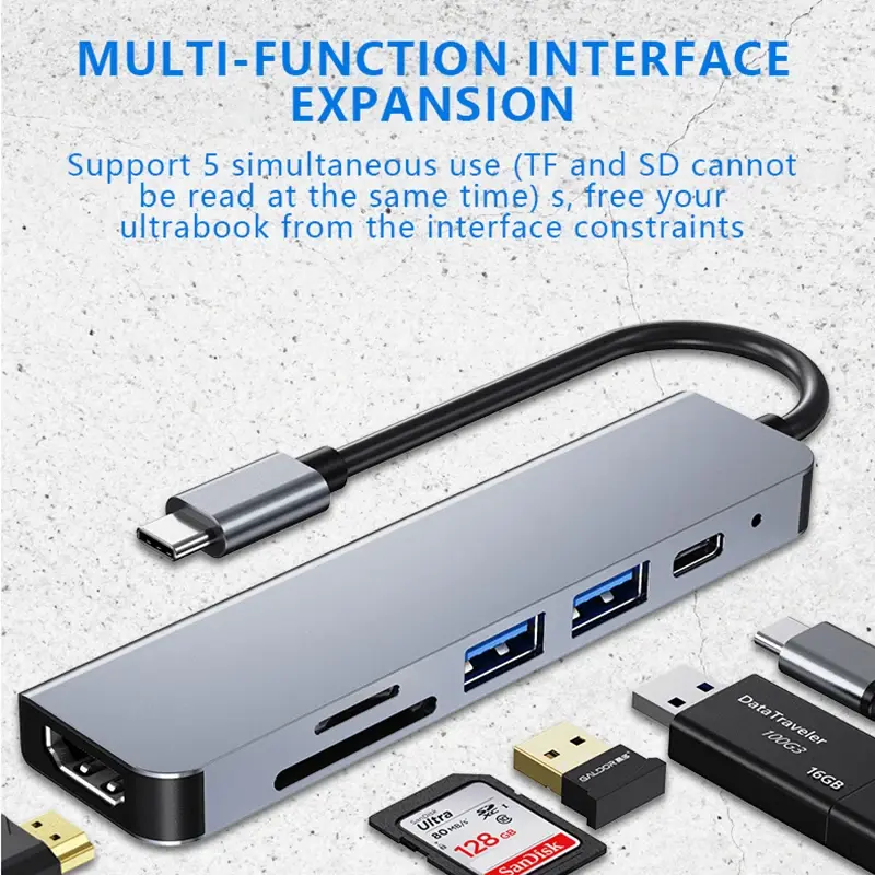 Thumbnail: 6-In-1 Type-C Multi Adapter 4K HDMI USB 3.0 SD/TF Card Reader