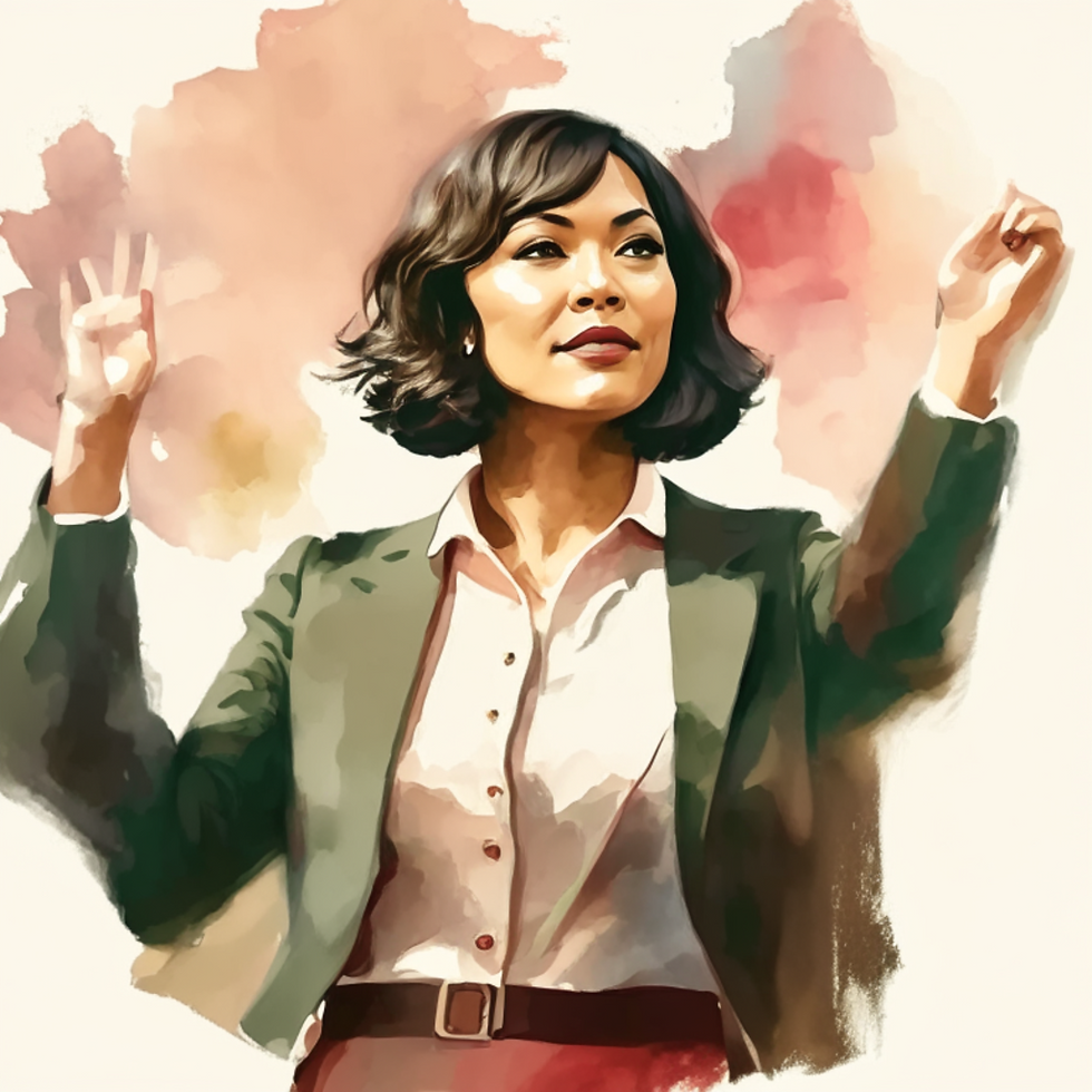 Watercolor of a minority professional woman raising her hand