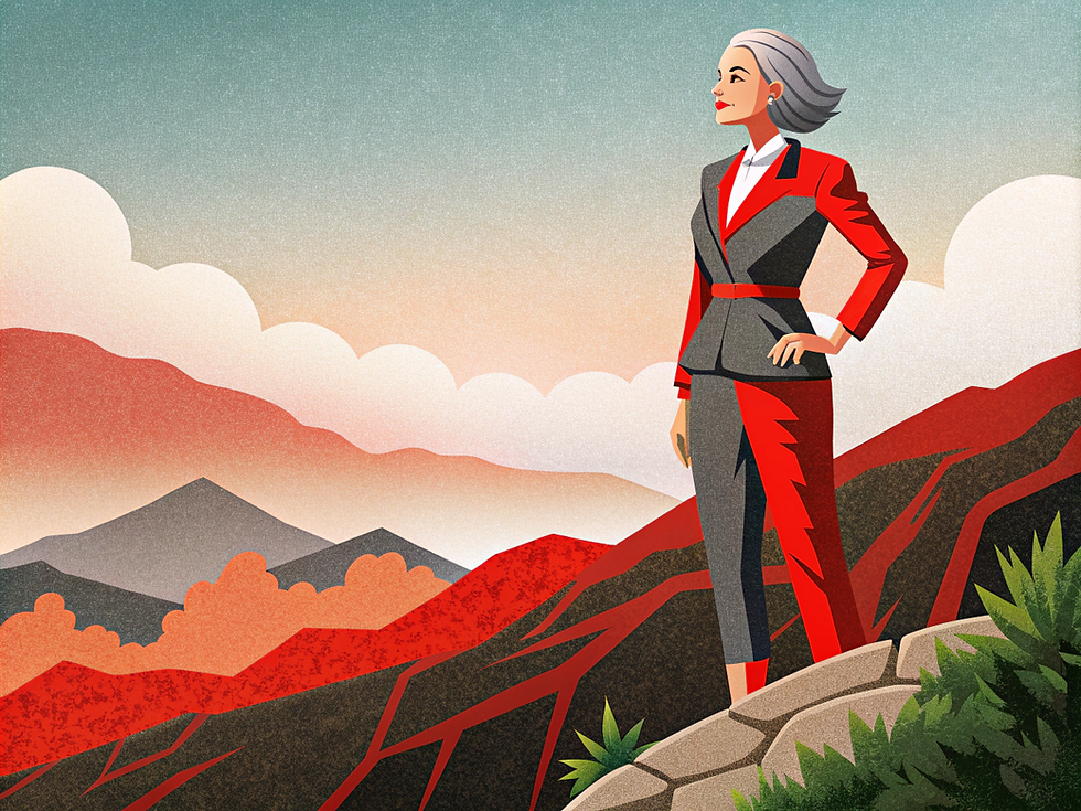 woman in executive suit looking at the top of the moutain