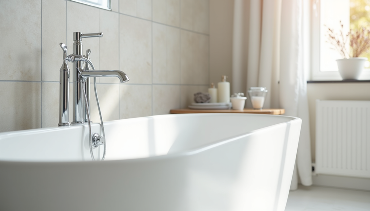 Clean white bathtub with chrome faucet and tiled wall