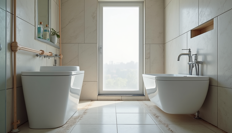 Eye-level view of a modern bathroom under renovation with exposed plumbing and new tiles being installed