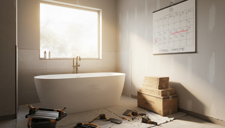 Wide-angle view of a bathroom under renovation with a wall calendar nearby.
