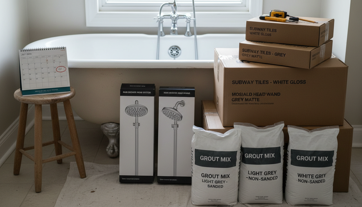 Close-up of tile boxes and bathroom fixtures organized beside a bathtub.