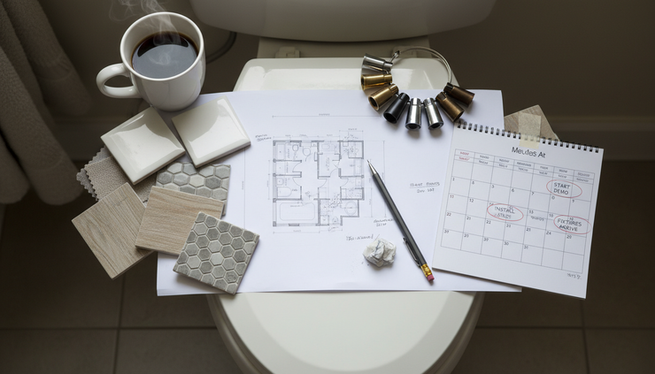 Overhead view of a bathroom floor plan, tile samples, and a two-week calendar.
