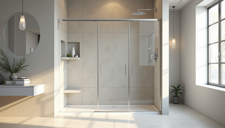 Eye-level view of a modern walk-in shower with glass doors and tiled walls