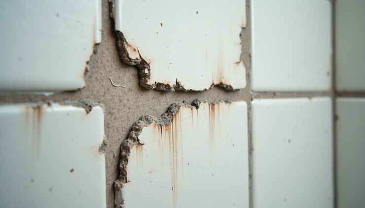 Close-up view of damaged drywall behind bathroom shower tiles