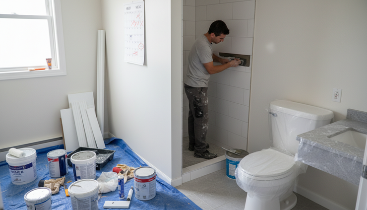 Eye-level view of an installer placing tile in a shower beside a marked two-week calendar.