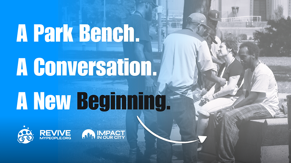 Revive My People mentors talk with people at a Poelker Park bench, opening the door to continued support in downtown St. Louis.