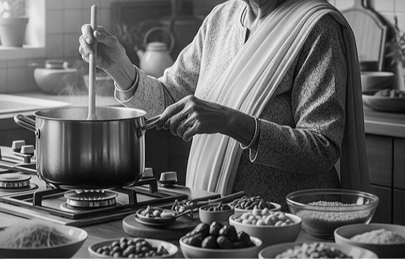 Black and White image of Older woman cooking in a pan surrounded by food