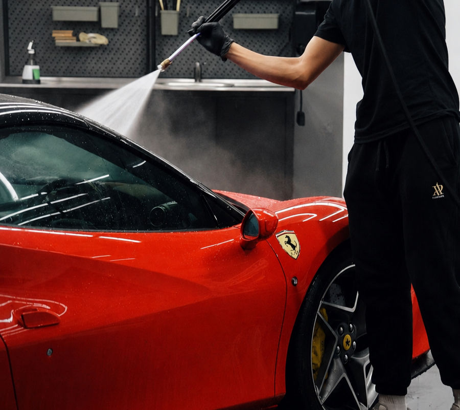 man jet washing a ferrari in Chelsea London garage