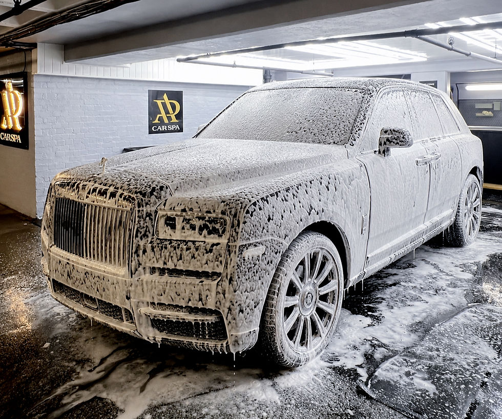 Rolls-Royce Cullinan with snow foam wash inside garage