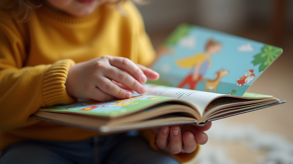 Close-up view of a child’s hands holding a colorful storybook