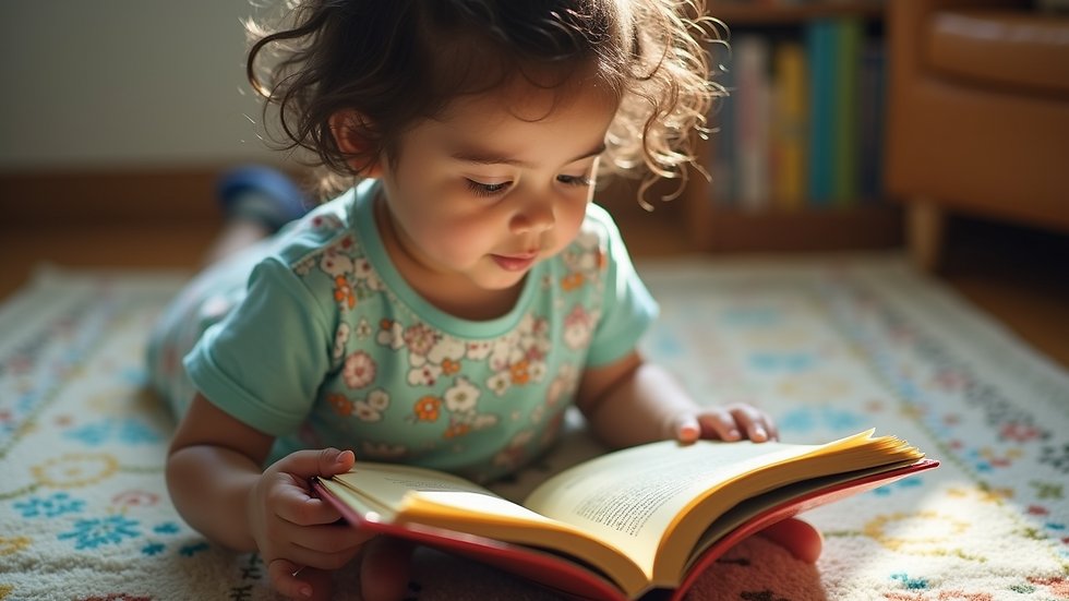 High angle view of a child reading a colorful storybook