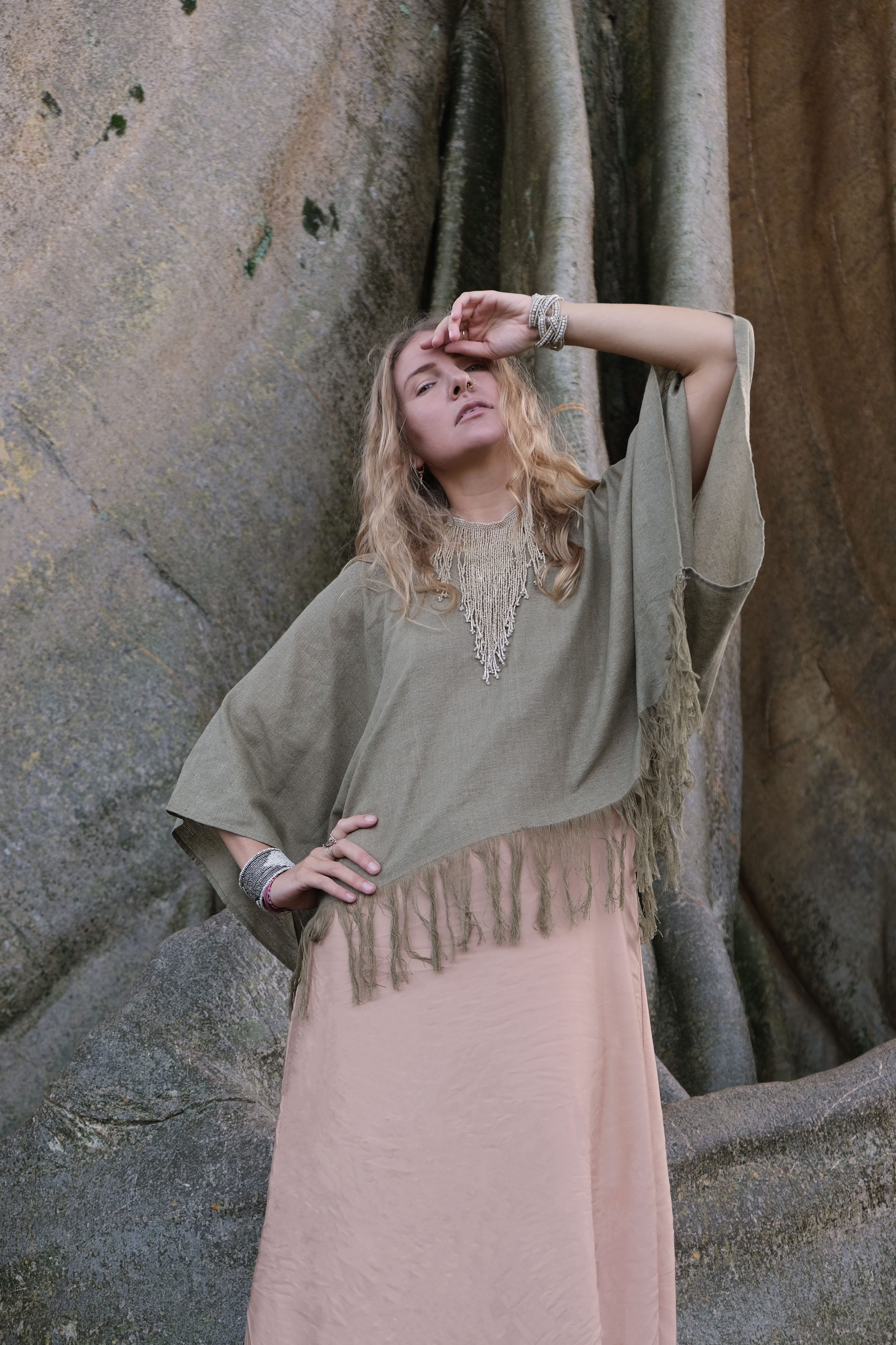 Fringe raw silk kimono top Sage green