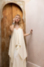 Model wearing Ashvatha Ecowear Ritual Slip Dress in Ahimsa silk.