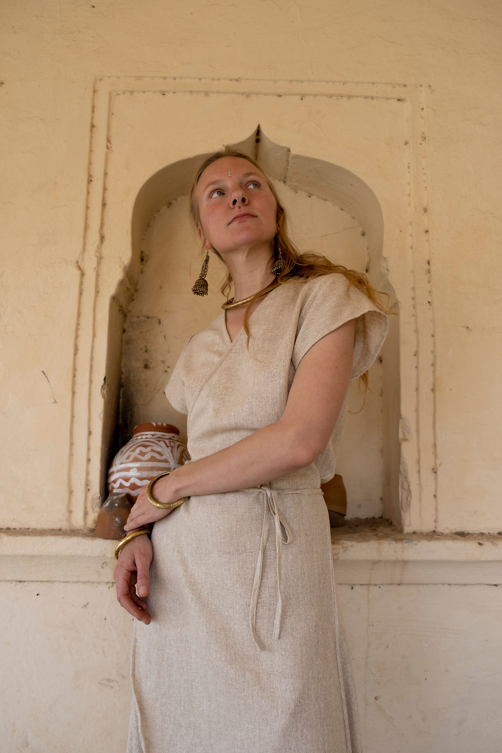 Thumbnail: Beige raw Ahimsa silk wrap dress