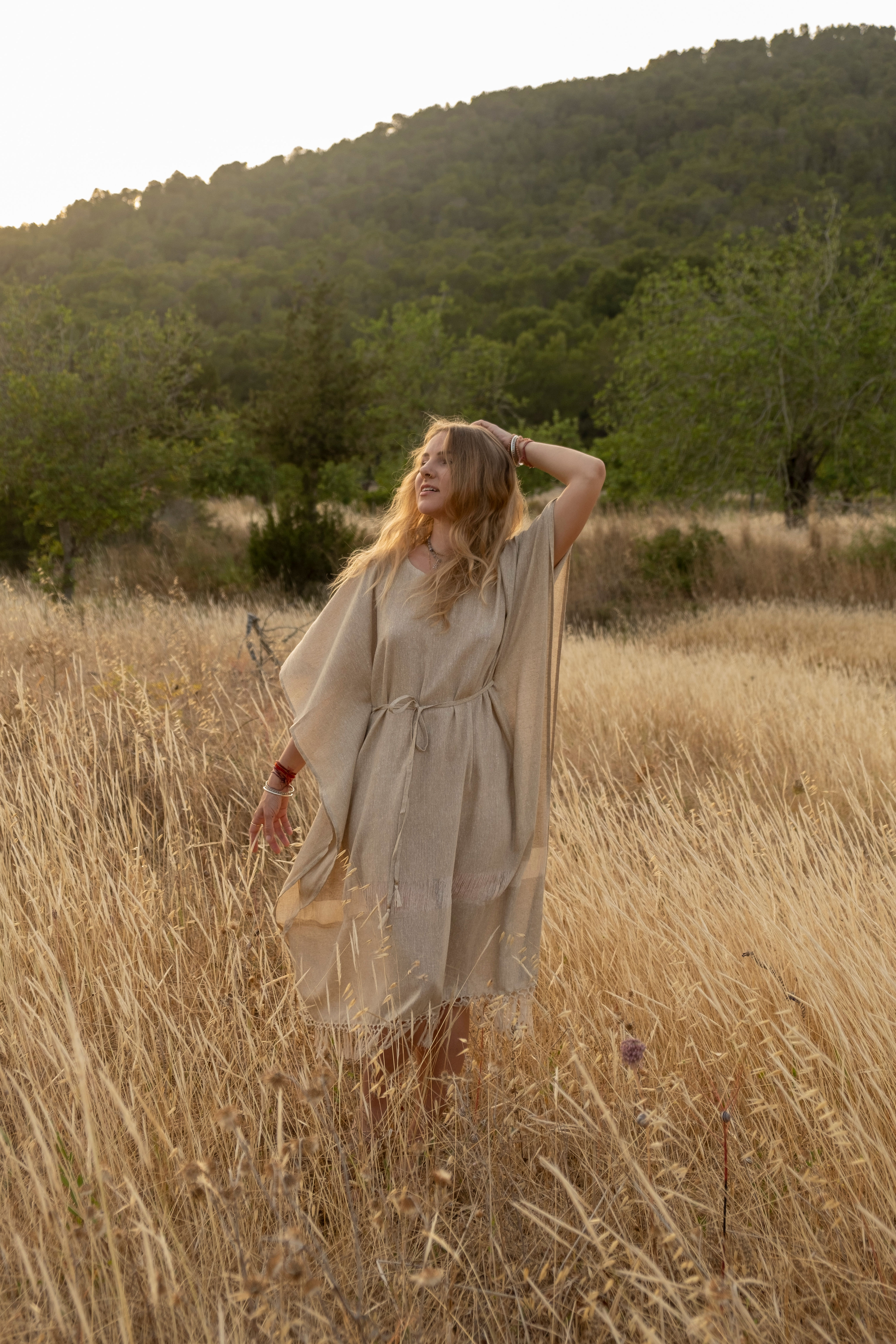Beige Ahimsa wild silk kaftan with fringe