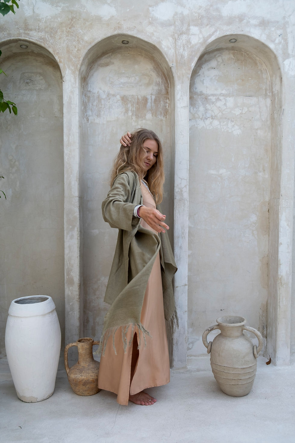 Thumbnail: Sage Green Ahimsa raw silk kimono/cardigan with fringe