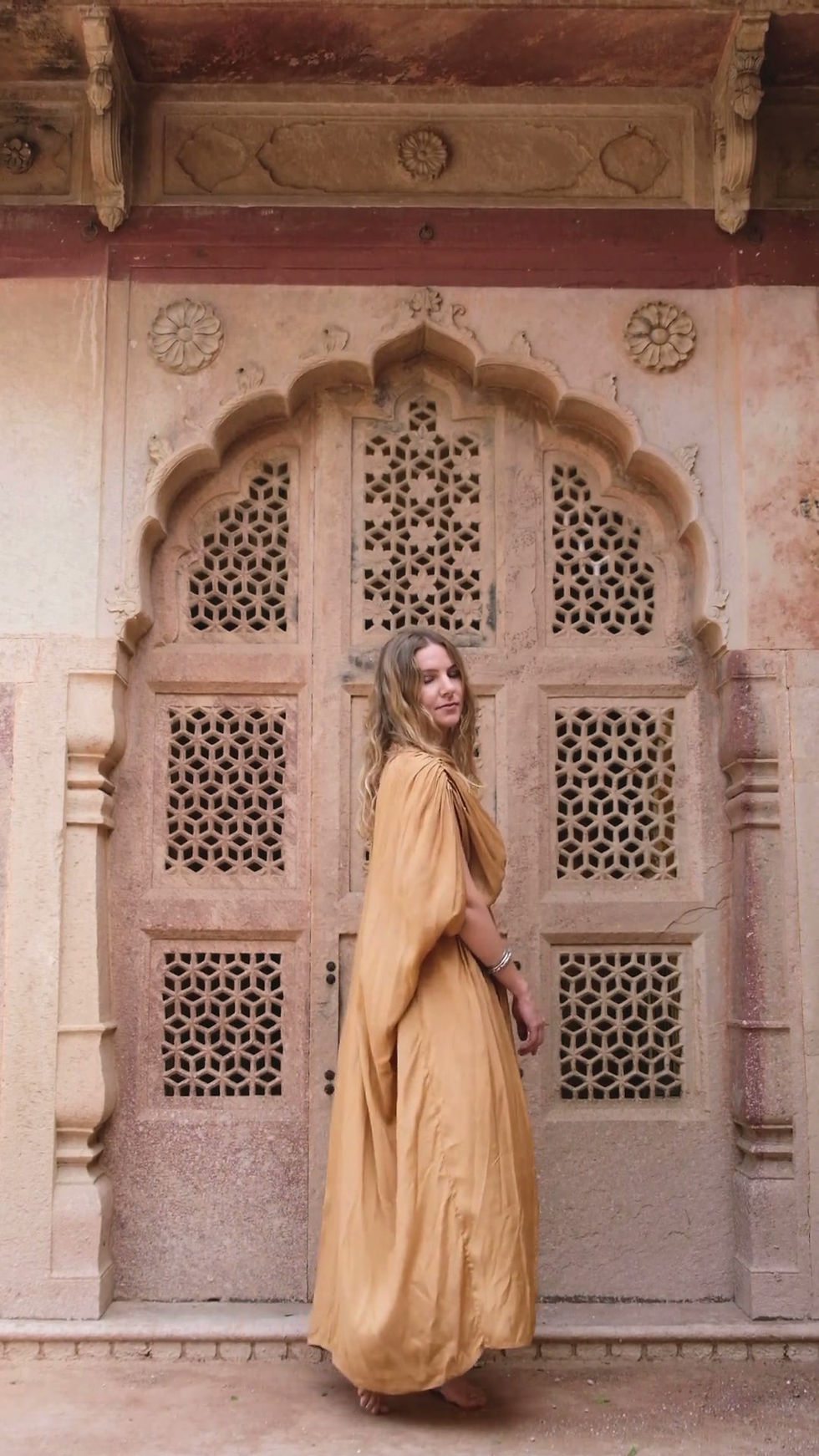 Thumbnail: View of the Golden Ceremonial Goddess Gown in Ahimsa silk (full length)