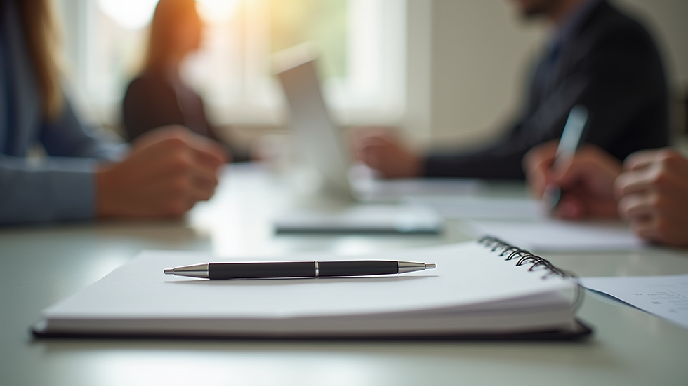 Close-up view of a notebook and pen on a table during a support group meeting