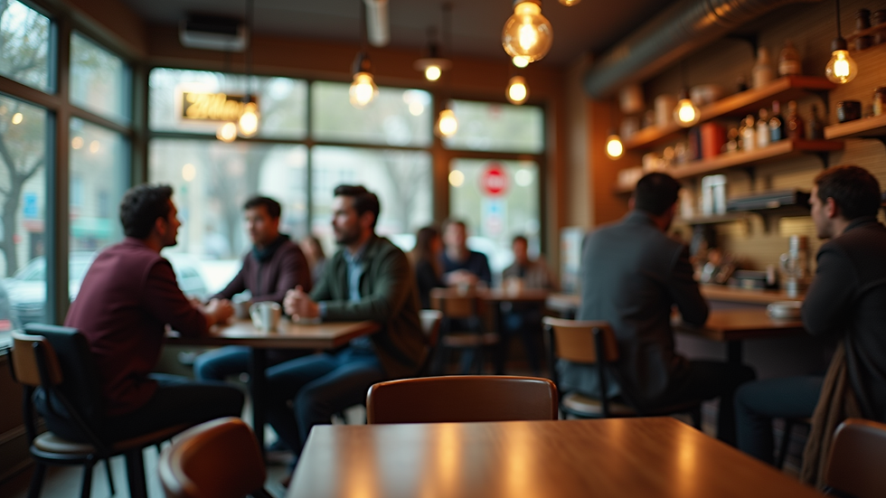 Eye-level view of a cozy coffee shop interior with people engaged in conversation