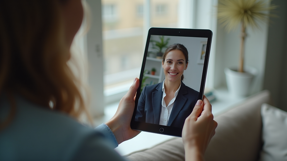 Close-up view of a tablet screen showing a video call with a therapist