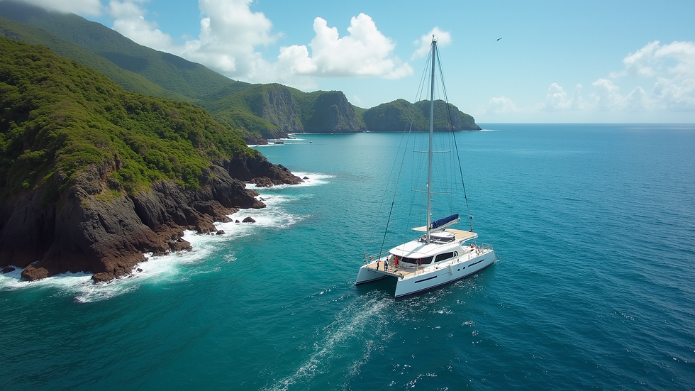 Vue aérienne d’un catamaran naviguant près d’une côte rocheuse du Costa Rica
