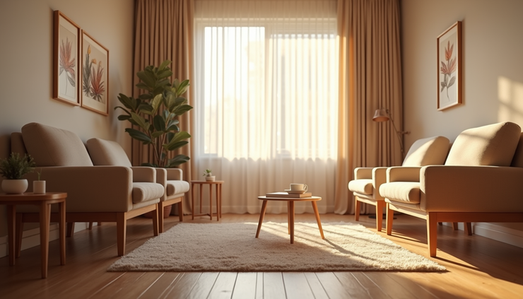 Eye-level view of a cozy therapy room with soft lighting and comfortable chairs