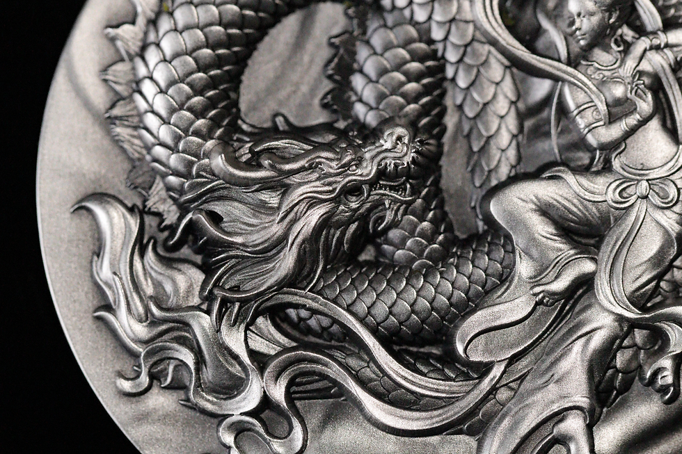 Thumbnail: FLYING APSARAS IN MOGAO CAVES (UNESCO) WITH DRAGON  - Silver 2oz Pure