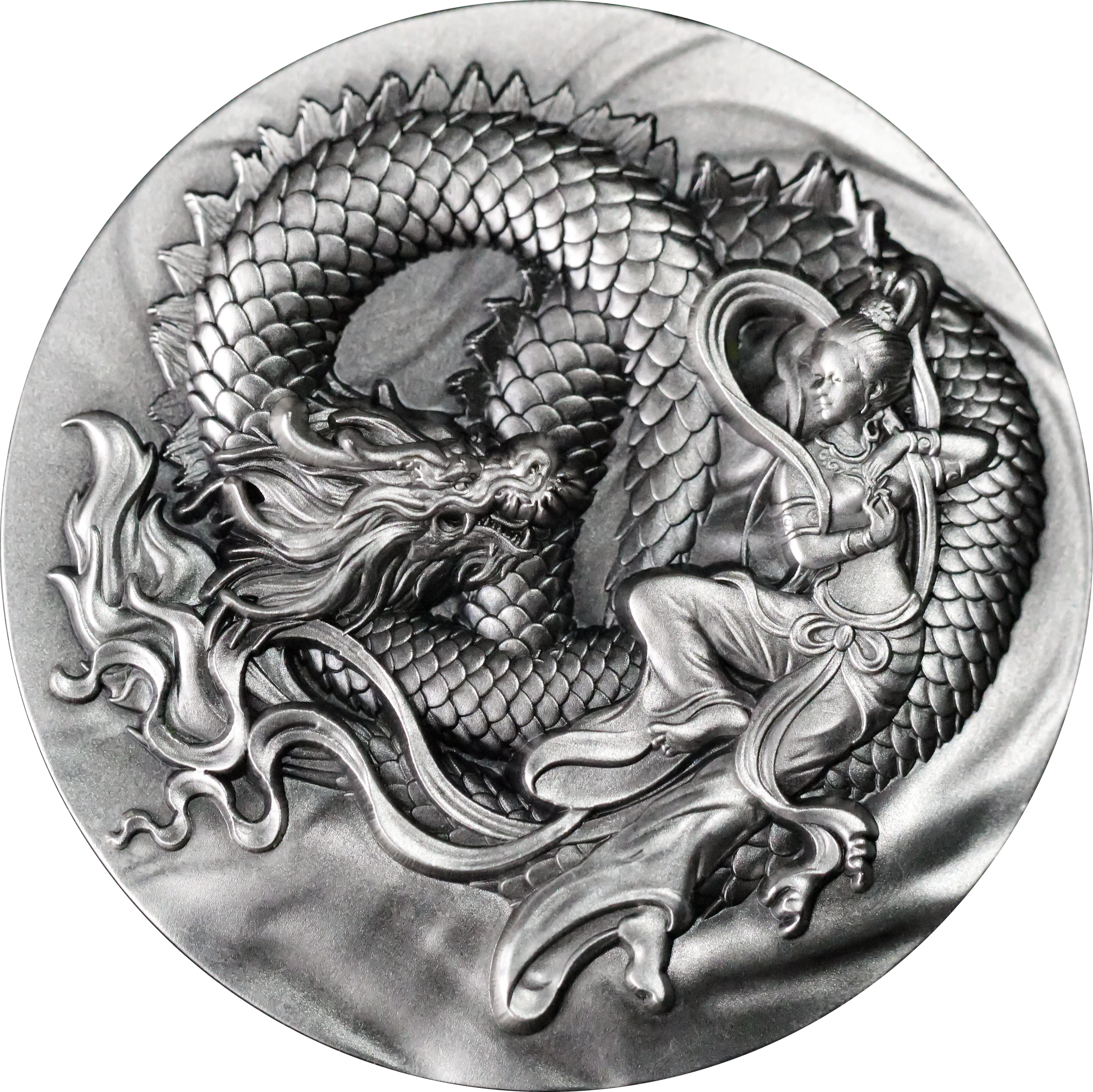 FLYING APSARAS IN MOGAO CAVES (UNESCO) WITH DRAGON - Silver 2oz Pure