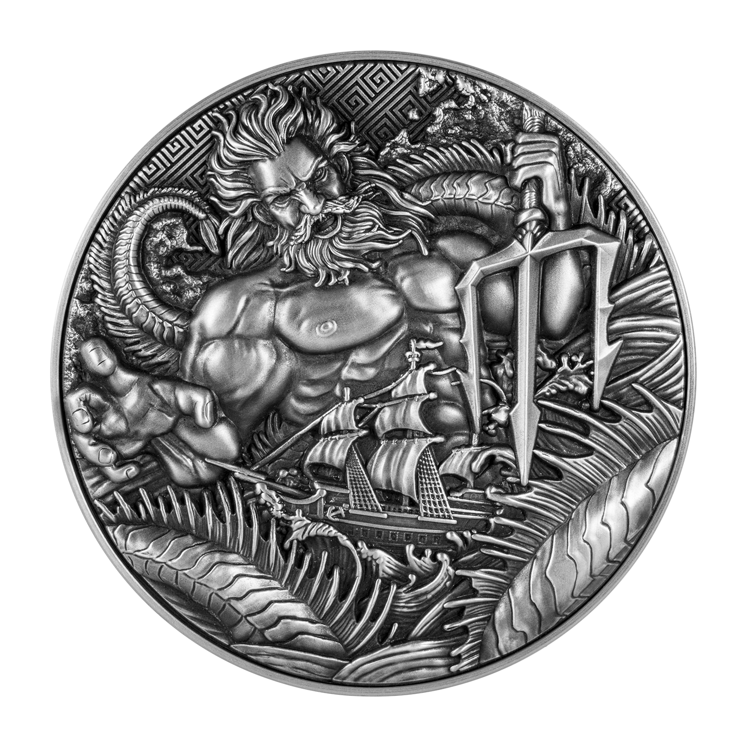 POSEIDON – ANCIENT GREEK GOD OF THE SEA 2 OZ SILVER COIN – ANTIQUED FINISH