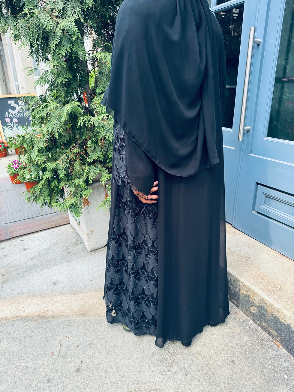 Thumbnail: Full-length image of Scalloped Edge Overlay abaya layered over a plain base garment