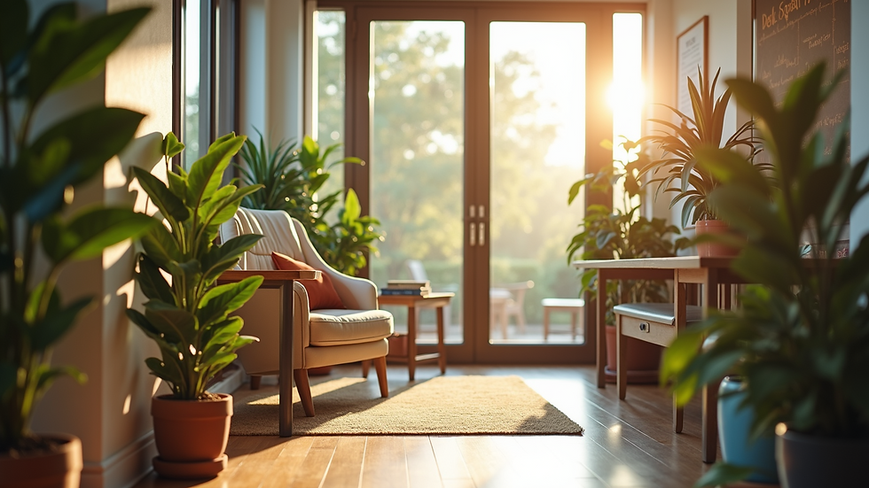 Eye-level view of a welcoming workspace with plants and natural light