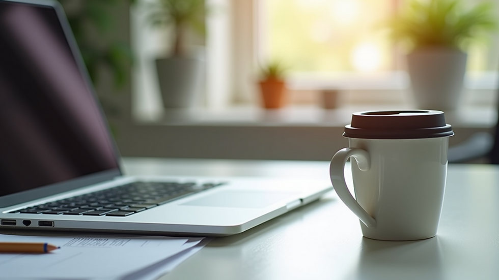 Eye-level view of a modern office workspace with a laptop and coffee cup