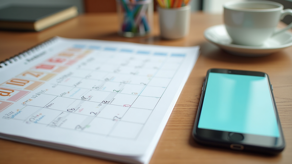 High angle view of a calendar and smartphone on a wooden table